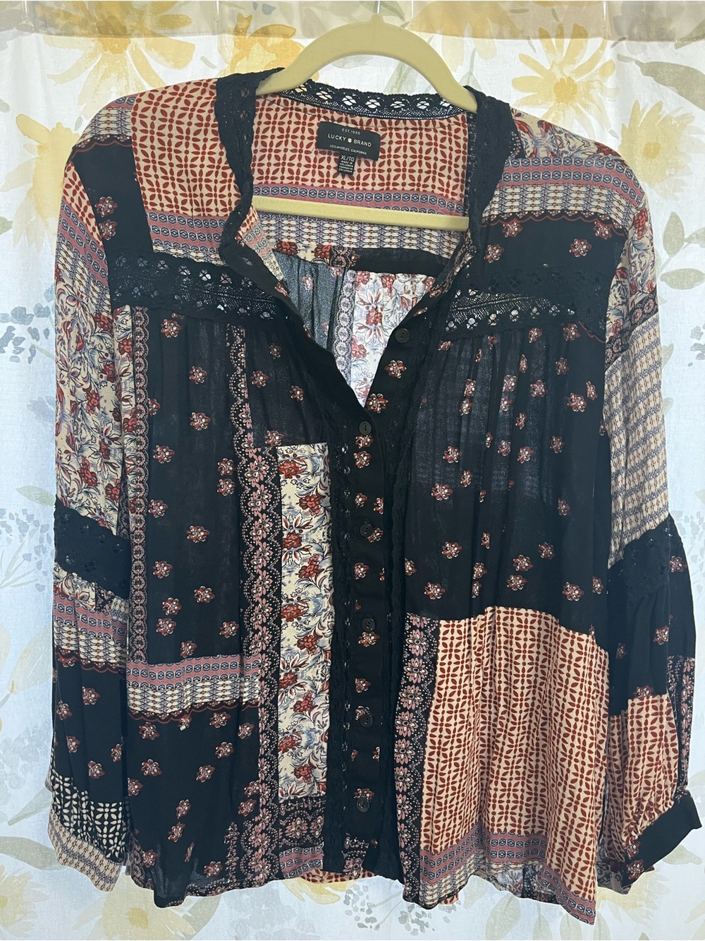 Lucky Brand Black Patchwork Button-Up Peasant Blouse with Rust and Cream Panels